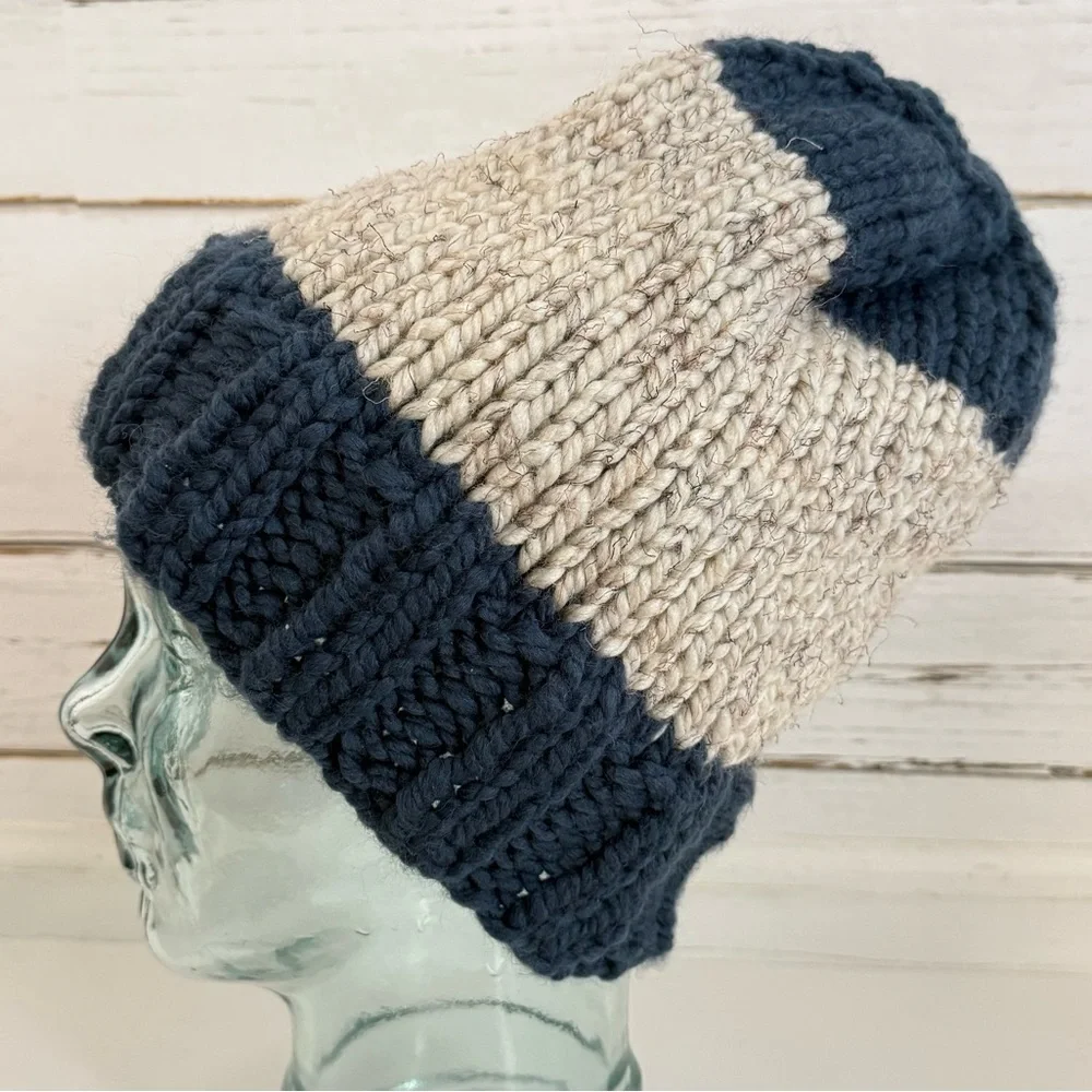 Handmade Knit Beanie • Navy & Cream Colorblock • Cozy Winter Hat
